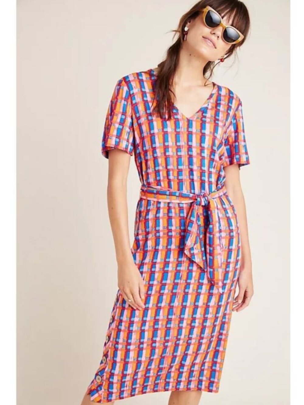Anthropologie Aryessa Tie Front Midi Dress Bright Orange Pink Retro Design